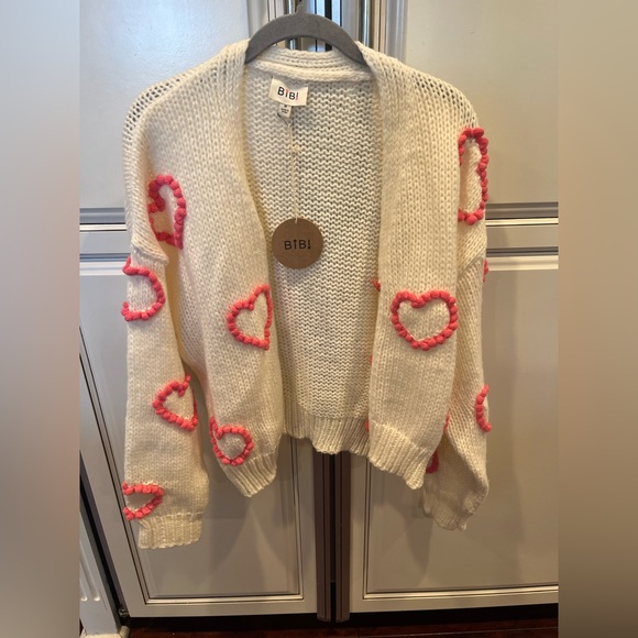 BiBi Sweaters - BiBi Cream Cardigan with Pink Heart Details Valentine’s Day